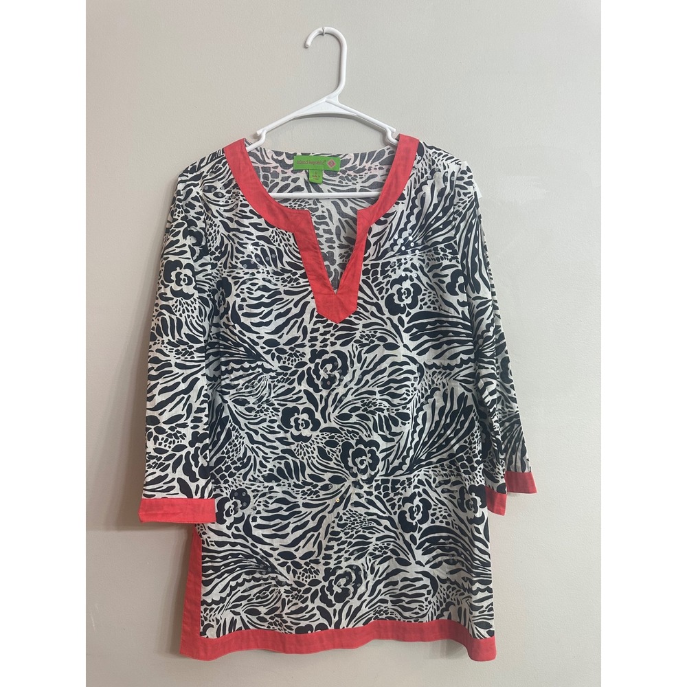 Island Republic Women Black White Sequin Cotton Tunic Top Coral Trim Small